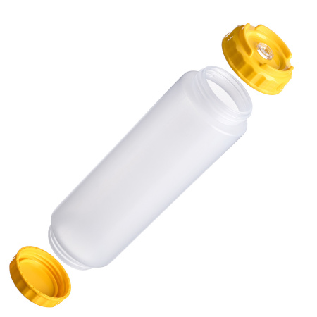 Емкость для соуса 1000 мл. d=75 мм. h=257 мм. c 2 крышками, с силик. носик. широкая прозрачная, крышки желтые GP /1/96/ ВДОХНОВЕНИЕ